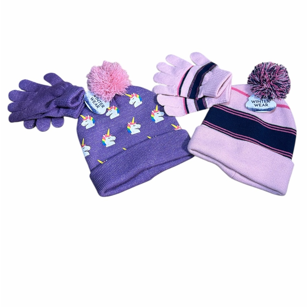 Purple and Pink Unicorn Winter Hat and Gloves Set